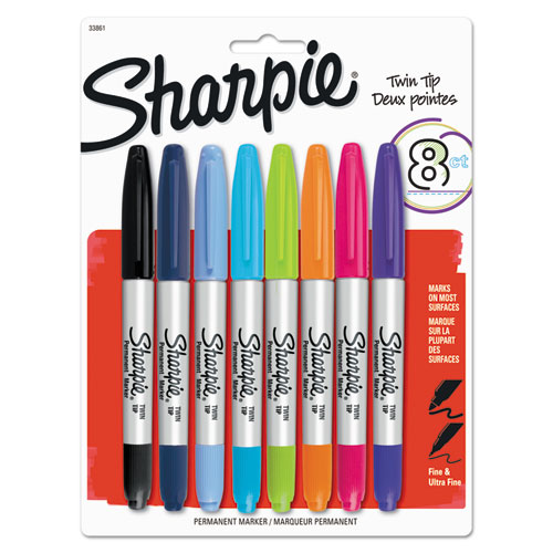 Twin-Tip Permanent Marker, Extra-Fine/fine Bullet Tips, Assorted Colors, 8/set