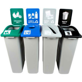 Waste Watcher Quad-Cans & Bottles/Organics/Paper/Waste, 92 Gal, GRN/BL/GY/BLK