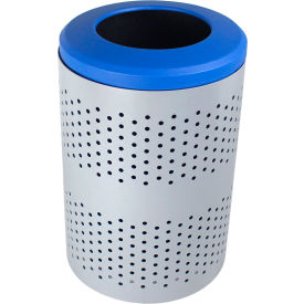 Outdoor Perforated Steel Trash Can With Liner, 45 Gallon, Silver/Blue