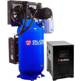 Silent Two Stage Piston Air Compressor with Dryer, 7.5 HP, 80 Gal, 1 Phase