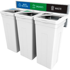 Rise Triple Waste Container W/ Signage, 13-11/16"W x 12-7/8"D x 27-1/2"H, White