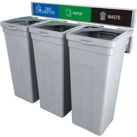 Rise Paper Triple Waste Container W/ Signage, 13-11/16"Wx12-7/8"Dx27-1/2"H, Gray