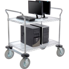 2 Shelf Utility Cart, Chrome, 36"W x 24"D x 44"H, Pneumatic Casters,2 Swivel, 2 Rigid