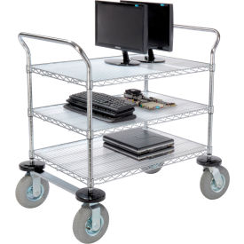 3 Shelf Utility Cart, Chrome, 36"W x 24"D x 44"H, Pneumatic Casters, 2 Swivel, 2 Rigid