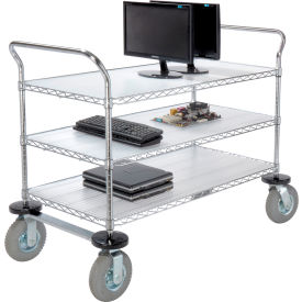 3 Shelf Utility Cart, Chrome, 48"W x 24"D x 44"H, Pneumatic Casters, 2 Swivel, 2 Rigid