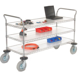 3 Shelf Utility Cart, Chrome, 60"W x 24"D x 44"H, Pneumatic Casters, 2 Swivel, 2 Rigid