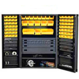 Heavy Duty Work Bin Cabinet with Flush Doors - 4 Drawers, 69 Yellow Bins, 48 x 24 x 78