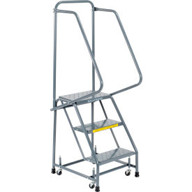 Perforated 16"W 3 Step Steel Rolling Ladder 10"D Top Step w/ Handrails