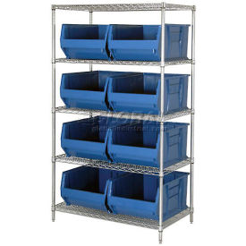 Chrome Wire Shelving With 8 24"D Bins Blue, 42x24x74