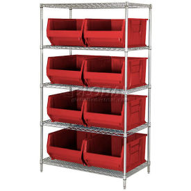 WR5-955 Chrome Wire Shelving With 8 24"D Bins Red, 42x24x74