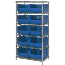 Chrome Wire Shelving With 10 24"D Bins Blue 36x24x74