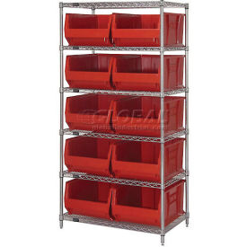 WR6-954 Chrome Wire Shelving With 10 24"D Bins Red, 36x24x74