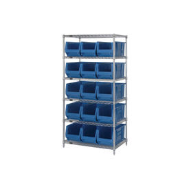 Chrome Wire Shelving With 15 24"D Bins Blue, 36x24x74