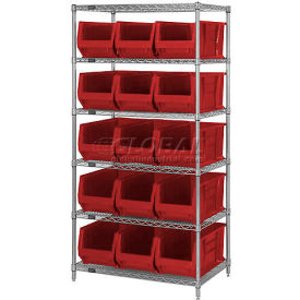 Chrome Wire Shelving With 15 24"D Bins Red, 36x24x74