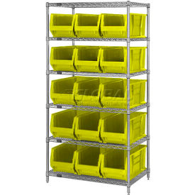 Quantum Chrome Wire Shelving With 15 24"D Bins Yellow, 36x24x74