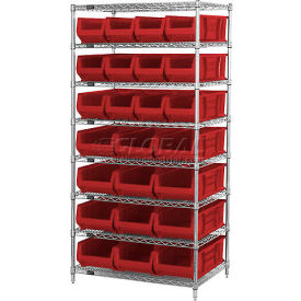 Chrome Wire Shelving With 24 24"D Bins Red, 36x24x74