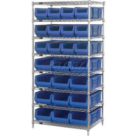 Quantum Chrome Wire Shelving With 20 24"D Bins Blue, 36x24x74
