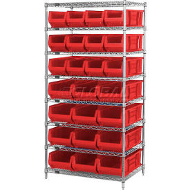 Chrome Wire Shelving With 20 24"D Bins Red, 36x24x74