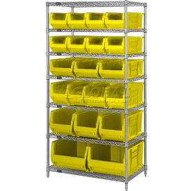 WR7-20-MIXYL Chrome Wire Shelving, 20 24"D Bins Yellow, 36x24x74