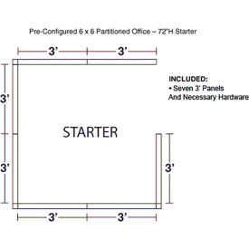 Pre-Configured Office Cubicle, 6'W x 6'D x 72"H, Starter Kit, Blue