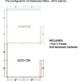Pre-Configured Office Cubicle, 6'W x 6'D x 60"H, Add-On Kit, Blue
