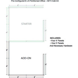 Pre-Configured Office Cubicle, 8'W x 8'D x 60"H, Add-On Kit, Blue