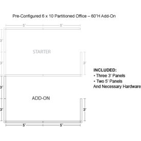 Pre-Configured Office Cubicle, 6'W x 10'D x 60"H, Add-On Kit, Blue