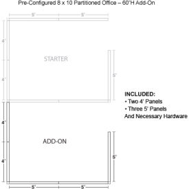 Pre-Configured Office Cubicle, 8'W x 10'D x 60"H, Add-On Kit, Gray