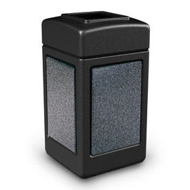 Square Waste Container, Black with Pepperstone Stone Panels, 42-Gallon