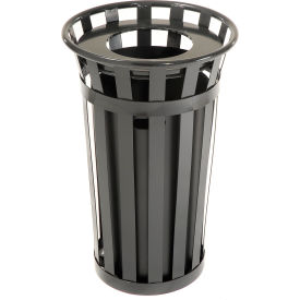 Outdoor Slatted Steel Trash Can With Flat Lid & Liner, 24 Gallon, Black