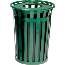 Outdoor Slatted Steel Trash Can With Flat Lid & Liner, 24 Gallon, Green