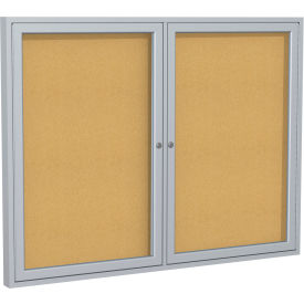 Enclosed Bulletin Board, 2 Door, 60"W x 48"H, Natural Cork/Silver Frame