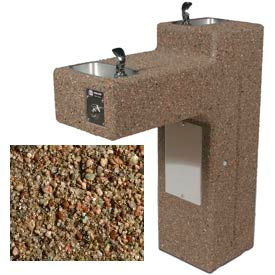Concrete Dual Outdoor Pedestal Drinking Fountain, ADA, Tan River Rock