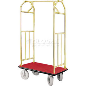 Hotel Cart 35x24 Satin Brass with Burgundy Carpet & Pneu. Wheels