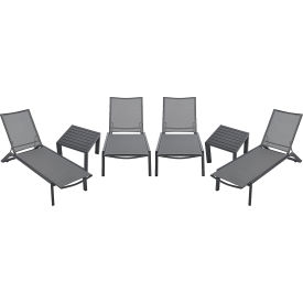 Outdoor Table Set, 2 Aluminum Slatted Side Tables & 4 Gray Chaise Lounge Cha