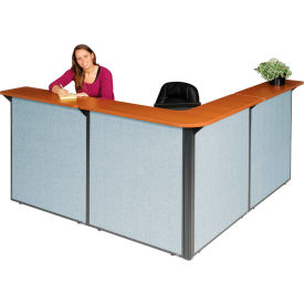 L-Shaped Reception Station, 80"W x 80"D x 44"H, Cherry Counter, Blue Panel