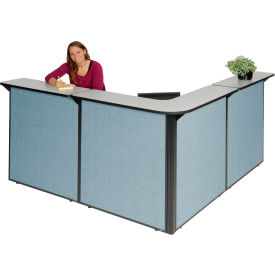 L-Shaped Reception Station, 80"W x 80"D x 44"H, Gray Counter, Blue Panel