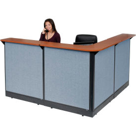 L-Shaped Reception Station w/Raceway 80"W x 80"D x 46"H Cherry Counter Blue Panel