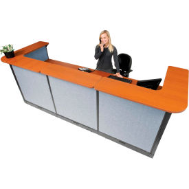 U-Shaped Electric Reception Station, 124"W x 44"D x 46"H, Cherry Counter, Blue Panel
