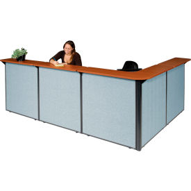 L-Shaped Reception Station, 116"W x 80"D x 44"H, Cherry Counter, Blue Panel