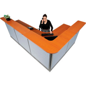 L-Shaped Reception Station w/Raceway 116"W x 80"D x 46"H Cherry Counter Blue Panel