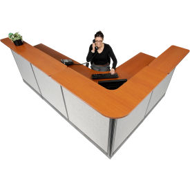L-Shaped Reception Station w/Raceway 116"W x 80"D x 46"H Cherry Counter Gray Panel