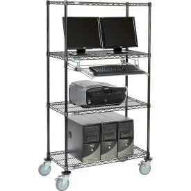 4-Shelf Mobile Wire Computer LAN Workstation w/ Keyboard Tray, 36"W x 18"D x 69"H, Black