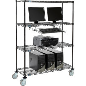 4-Shelf Mobile Wire Computer LAN Workstation w/ Keyboard Tray, 48"W x 18"D x 69"H, Black