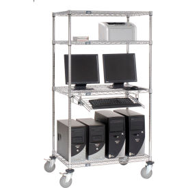 4-Shelf Mobile Wire Computer LAN Workstation w/Keyboard Tray, 36"W x 24"D x 69"H, Chrome