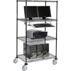 4-Shelf Mobile Wire Computer LAN Workstation w/ Keyboard Tray, 36"W x 24"D x 69"H, Black