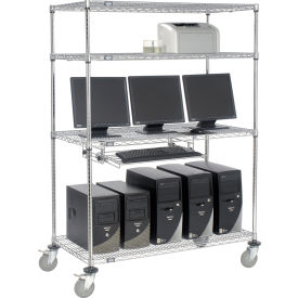 4-Shelf Mobile Wire Computer LAN Workstation w/Keyboard Tray, 48"W x 24"D x 69"H, Chrome