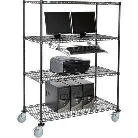 4-Shelf Mobile Wire Computer LAN Workstation w/ Keyboard Tray, 48"W x 24"D x 69"H, Black