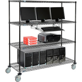 4-Shelf Mobile Wire Computer LAN Workstation with Keyboard Tray, 60"W x 24"D x 69"H, Black