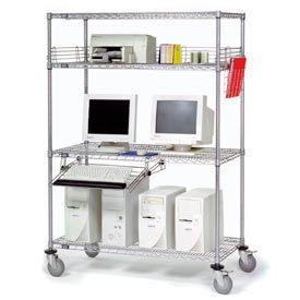 4-Shelf Mobile Wire Computer LAN Workstation w/Keyboard Tray, 72"W x 24"D x 69"H, Chrome